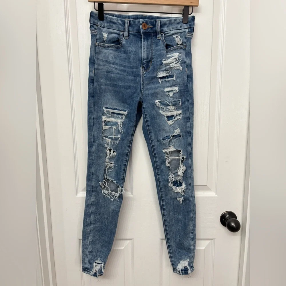 Medium Wash Distressed Hi-Rise Jeggings | American Eagle 2 Short